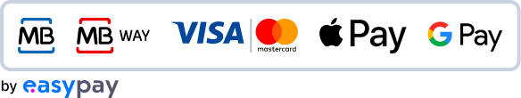 Meios de pagamento aceites: Multibanco, MB Way, Cartão de Crédito/Débito (Visa/Mastercard), Apple Pay, Google Pay